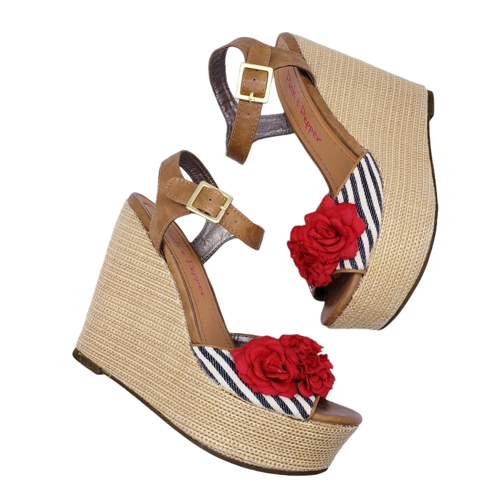 🆑 EUC! Pink & Pepper Platform Wedge Heel Ankle Strap Sandals Women's Size 7